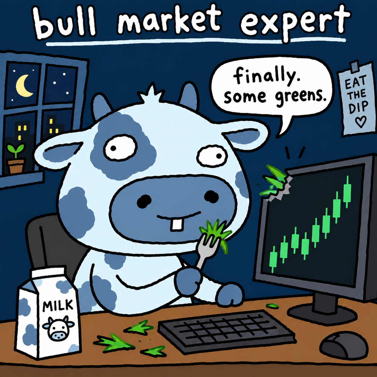 The cow bites a green trading chart and says finally, some greens